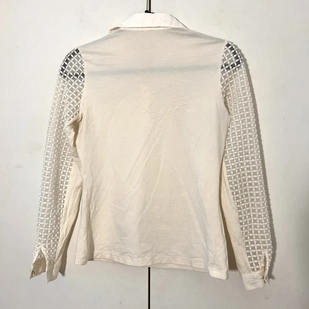 Anne Fontaine Top Size 40 Ivory Eyelet Sheer Lattice Long Sleeve Quiet Luxury